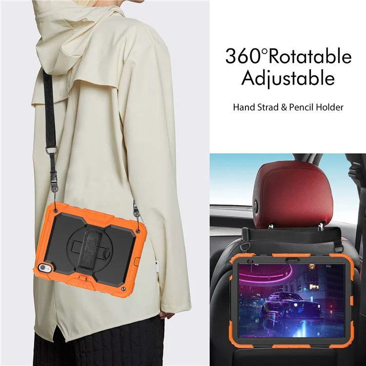 For iPad 10.9 (2022) Silicone+PC Tablet Case Hand Strap Kickstand Drop-proof Cover with Shoulder Strap - Orange