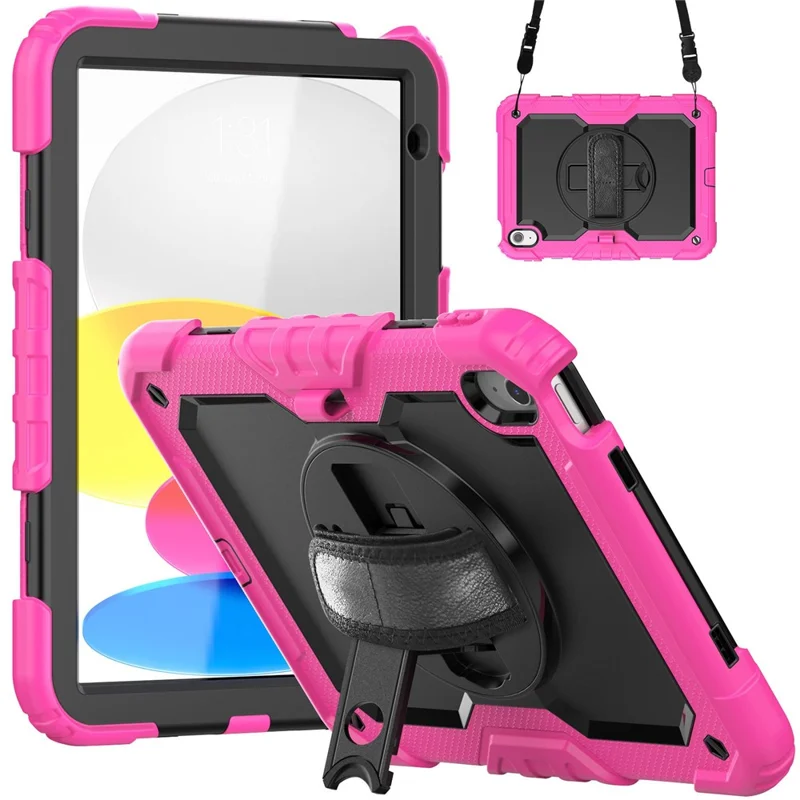 For iPad (2025)/10.9 (2022) Tablet Case Hand Strap Kickstand Silicone + PC Cover with Shoulder Strap - Rose