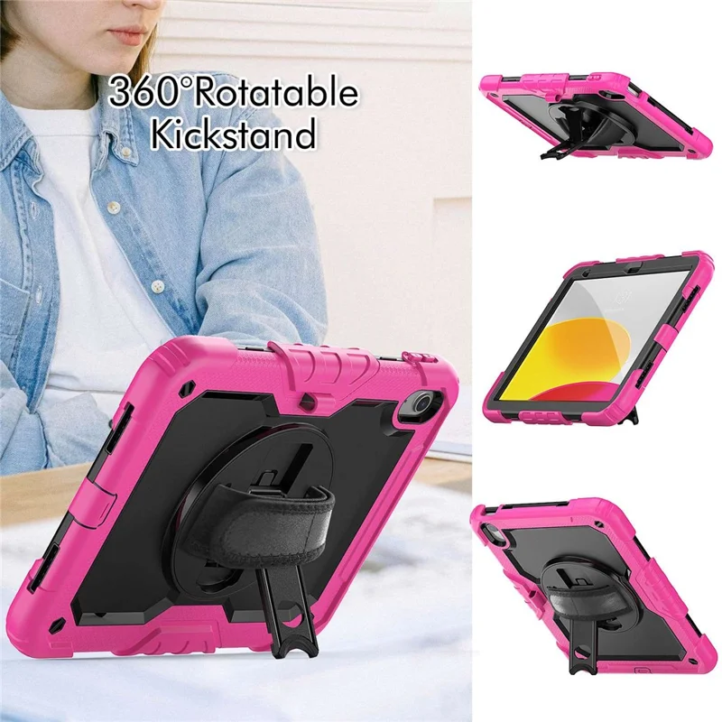 For iPad (2025)/10.9 (2022) Tablet Case Hand Strap Kickstand Silicone + PC Cover with Shoulder Strap - Rose
