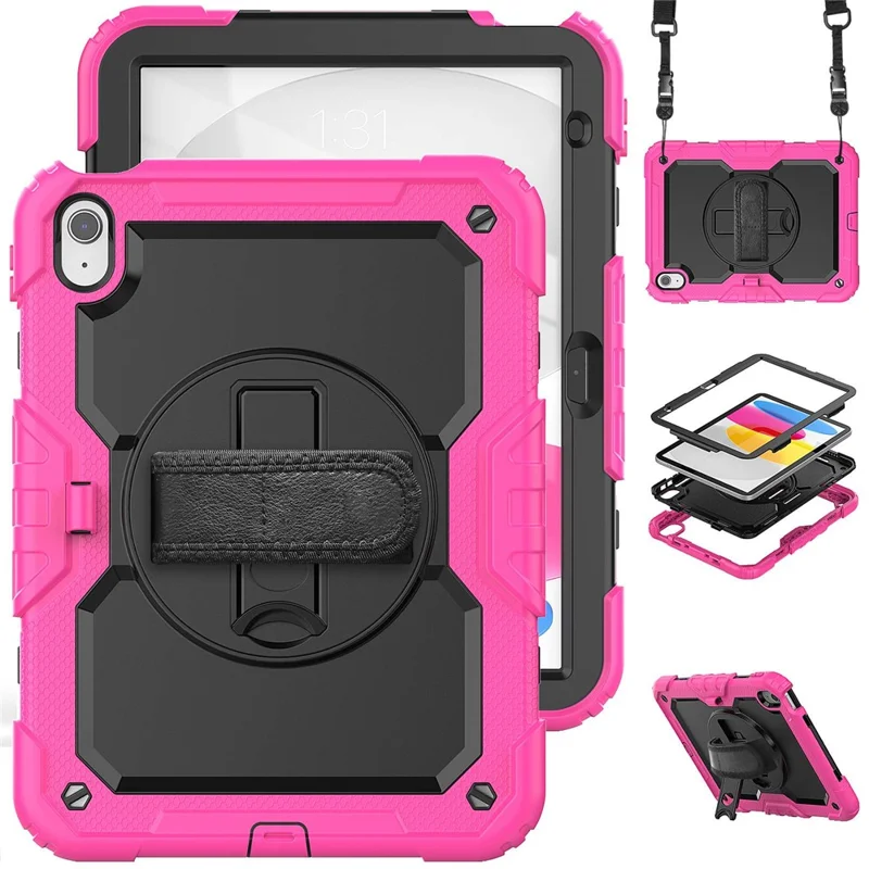 For iPad (2025)/10.9 (2022) Tablet Case Hand Strap Kickstand Silicone + PC Cover with Shoulder Strap - Rose