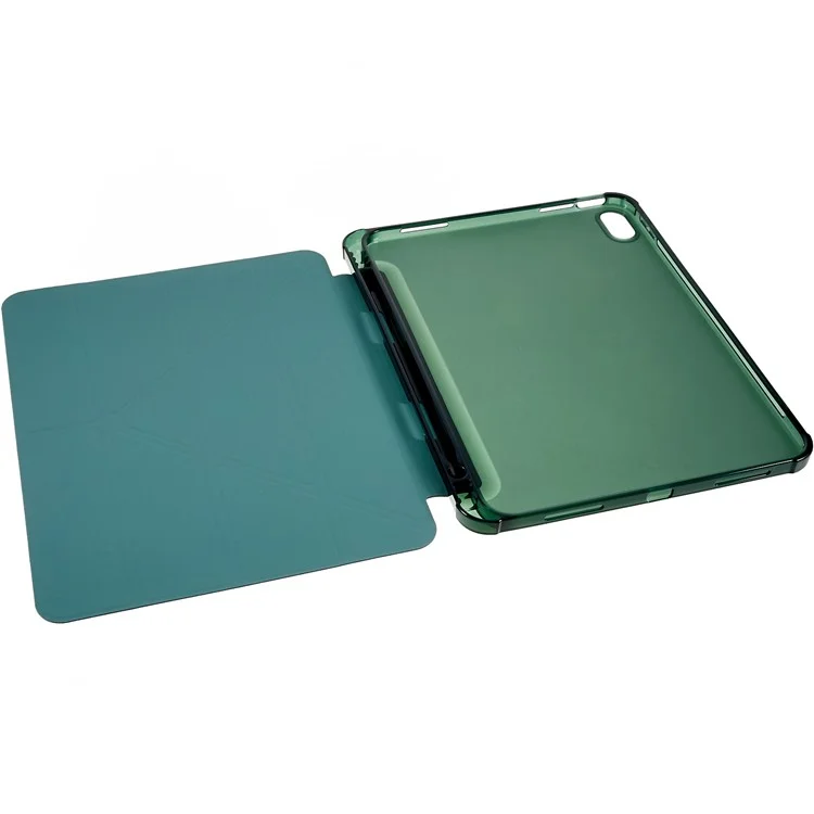 For iPad (2025) / 10.9 (2022) Origami Stand Auto Wake / Sleep Cover PU Leather + TPU Tablet Case with Pencil Holder - Blackish Green