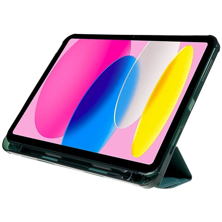 For iPad (2025) / 10.9 (2022) Origami Stand Auto Wake / Sleep Cover PU Leather + TPU Tablet Case with Pencil Holder - Blackish Green