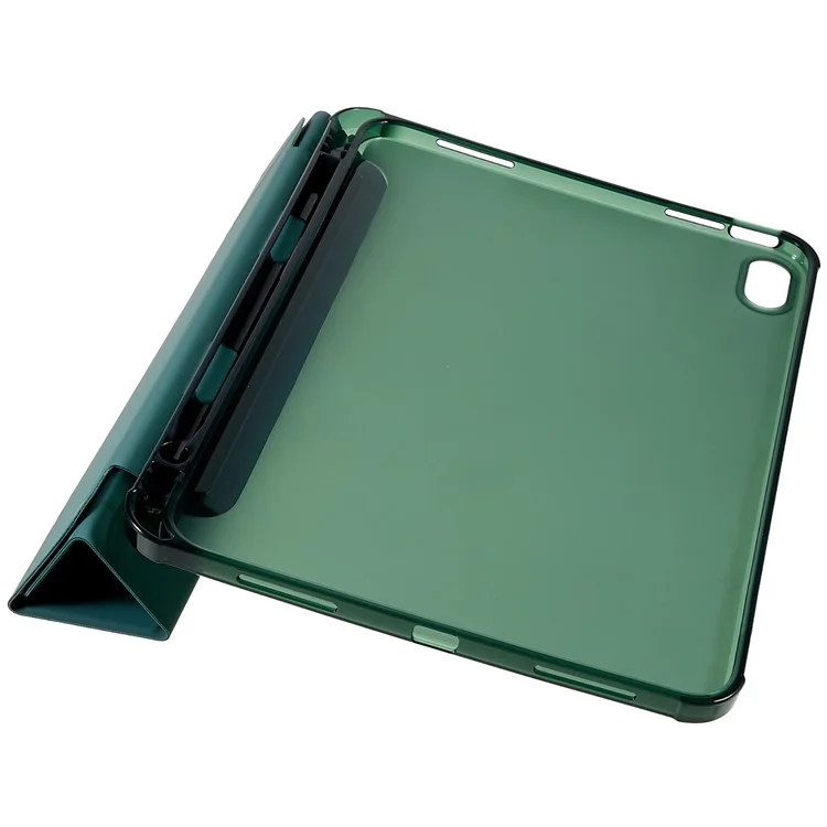 For iPad (2025) / 10.9 (2022) Origami Stand Auto Wake / Sleep Cover PU Leather + TPU Tablet Case with Pencil Holder - Blackish Green