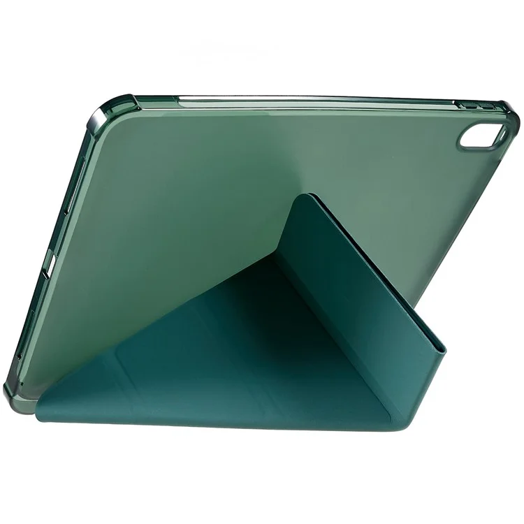 For iPad (2025) / 10.9 (2022) Origami Stand Auto Wake / Sleep Cover PU Leather + TPU Tablet Case with Pencil Holder - Blackish Green