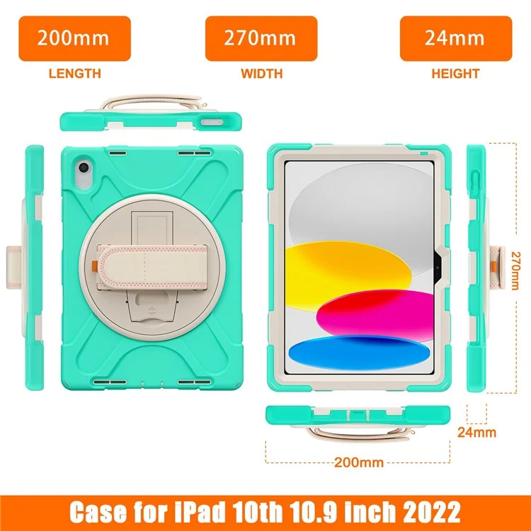 Für iPad 10.9 (2022) Kickstand PC + Silikon Tablet Schutzhülle 360 Grad Rotation Handschlaufe Stoßfest Robuste Schutzhülle - Mintgrün