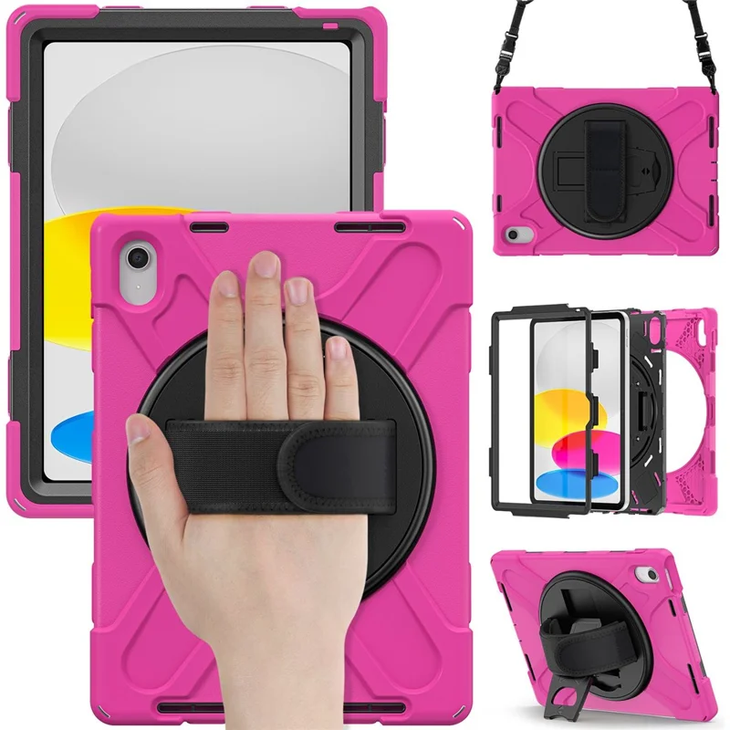 For iPad (2025) / 10.9 (2022) Case PC + Silicone Cover with Hand Strap / Shoulder Strap - Rose