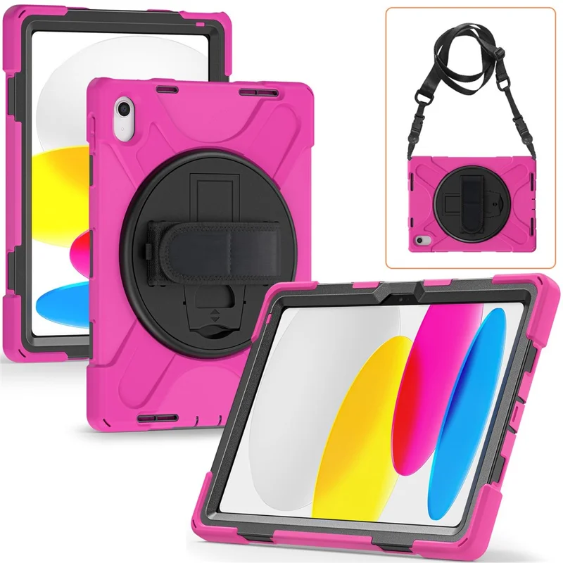 For iPad (2025) / 10.9 (2022) Case PC + Silicone Cover with Hand Strap / Shoulder Strap - Rose