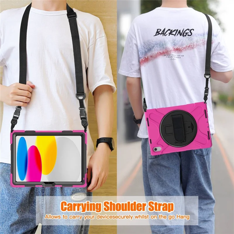 For iPad (2025) / 10.9 (2022) Case PC + Silicone Cover with Hand Strap / Shoulder Strap - Rose
