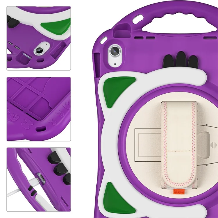 For iPad (2025) / 10.9 (2022) Rotating Hand Strap Tablet Case Heavy Duty Hard PC Soft Silicone Kickstand Protective Cover - Purple