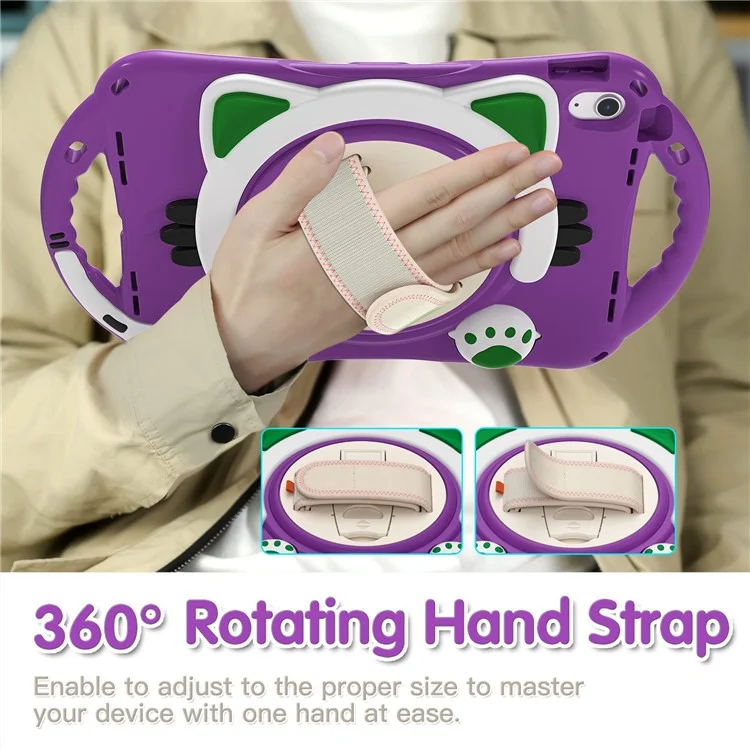 For iPad (2025) / 10.9 (2022) Rotating Hand Strap Tablet Case Heavy Duty Hard PC Soft Silicone Kickstand Protective Cover - Purple