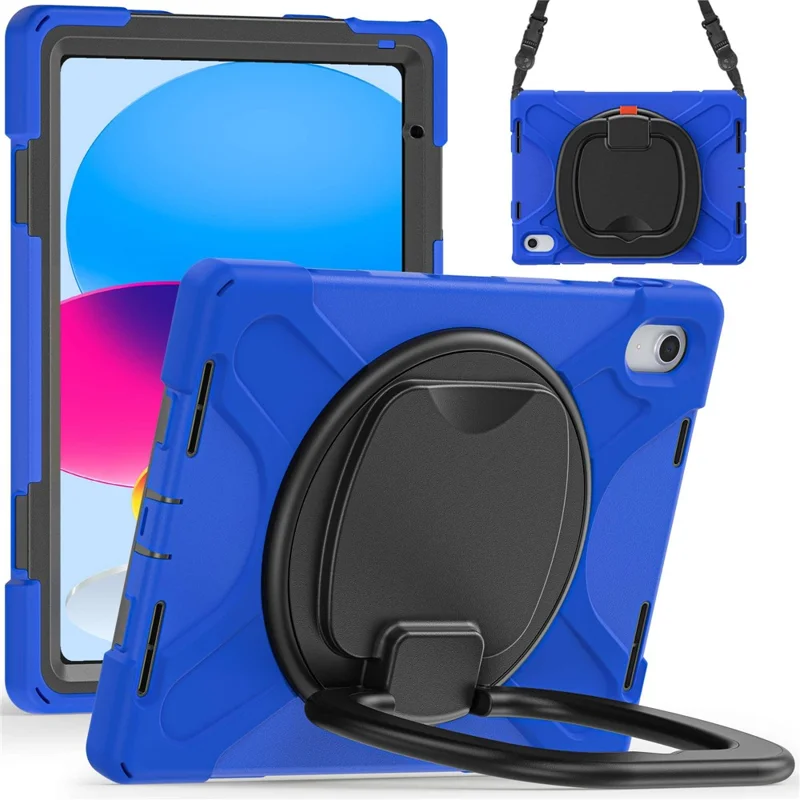 Obudowa z obrotową podstawką do iPad (2025) / 10,9 (2022), ochronna obudowa tylna PC + silikon przeciwupadkowa z paskiem na ramię – niebieska