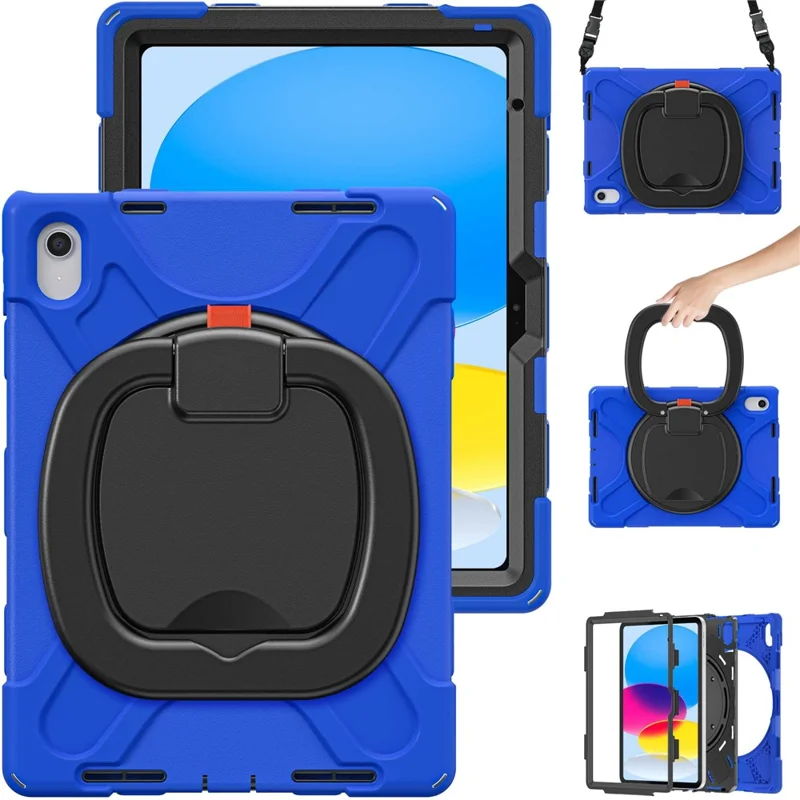 Obudowa z obrotową podstawką do iPad (2025) / 10,9 (2022), ochronna obudowa tylna PC + silikon przeciwupadkowa z paskiem na ramię – niebieska