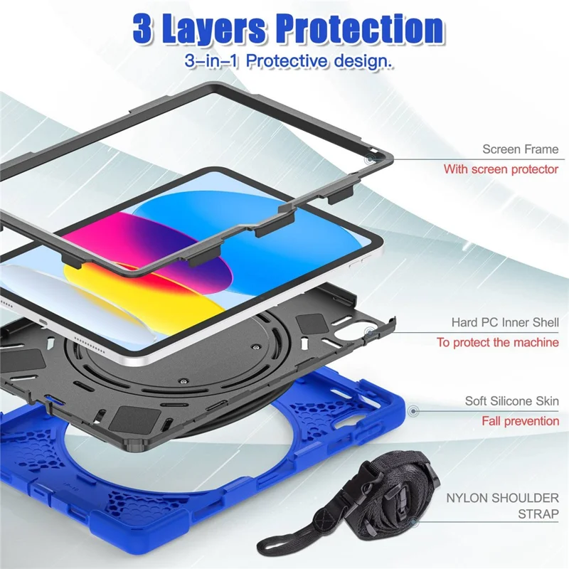 Obudowa z obrotową podstawką do iPad (2025) / 10,9 (2022), ochronna obudowa tylna PC + silikon przeciwupadkowa z paskiem na ramię – niebieska