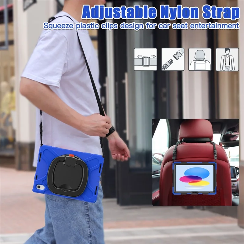 Obudowa z obrotową podstawką do iPad (2025) / 10,9 (2022), ochronna obudowa tylna PC + silikon przeciwupadkowa z paskiem na ramię – niebieska