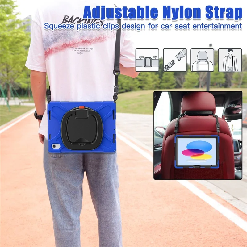 Obudowa z obrotową podstawką do iPad (2025) / 10,9 (2022), ochronna obudowa tylna PC + silikon przeciwupadkowa z paskiem na ramię – niebieska