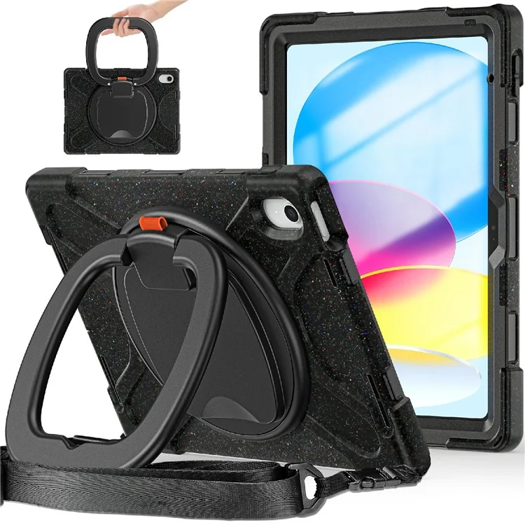 Para iPad 10.9 (2022) Rotary Kickstand Tablet Case PC + Silicone Anti-drop Cover with Shoulder Strap - Midnight Black