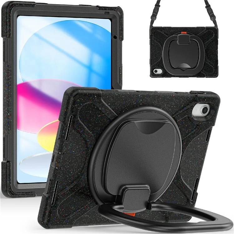 Para iPad 10.9 (2022) Rotary Kickstand Tablet Case PC + Silicone Anti-drop Cover with Shoulder Strap - Midnight Black
