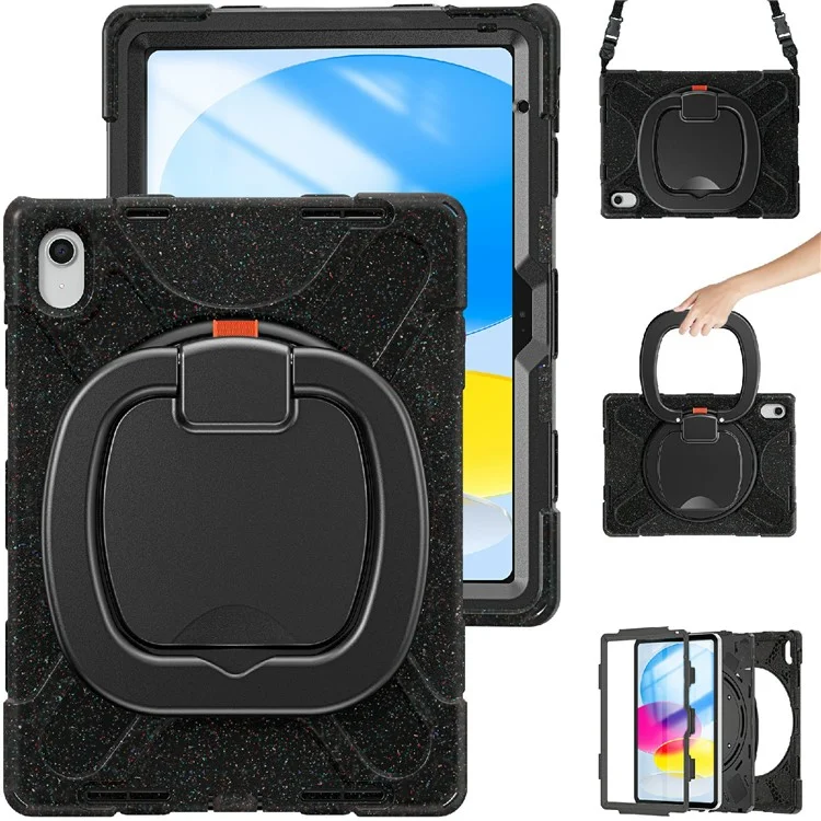 Para iPad 10.9 (2022) Rotary Kickstand Tablet Case PC + Silicone Anti-drop Cover with Shoulder Strap - Midnight Black