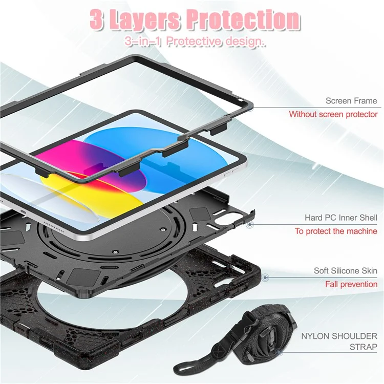 Para iPad 10.9 (2022) Rotary Kickstand Tablet Case PC + Silicone Anti-drop Cover with Shoulder Strap - Midnight Black