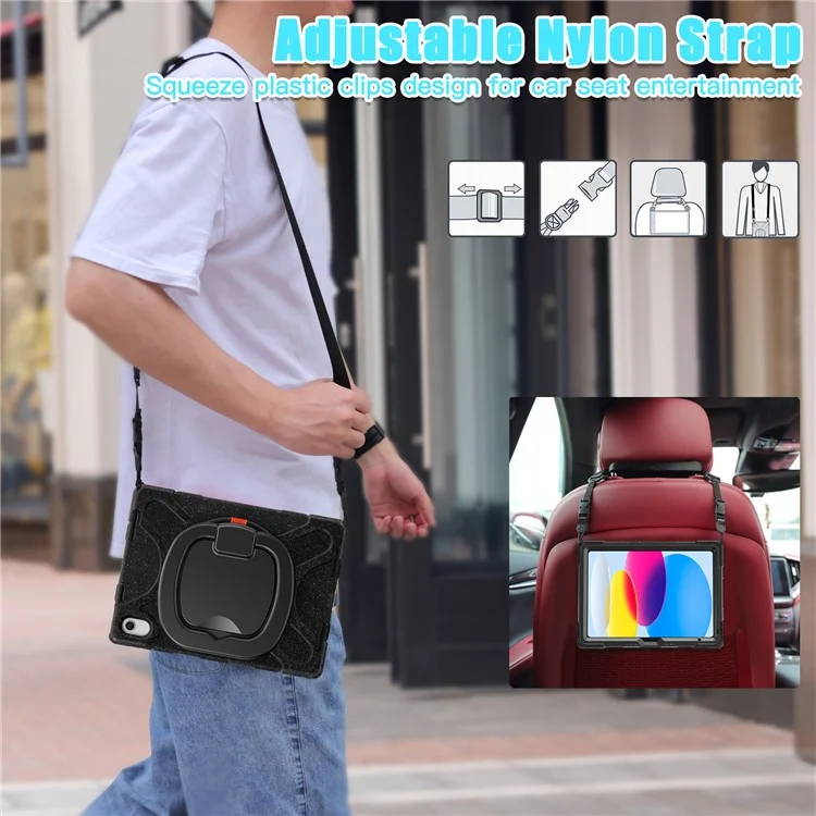 Para iPad 10.9 (2022) Rotary Kickstand Tablet Case PC + Silicone Anti-drop Cover with Shoulder Strap - Midnight Black