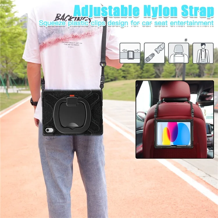 Para iPad 10.9 (2022) Rotary Kickstand Tablet Case PC + Silicone Anti-drop Cover with Shoulder Strap - Midnight Black