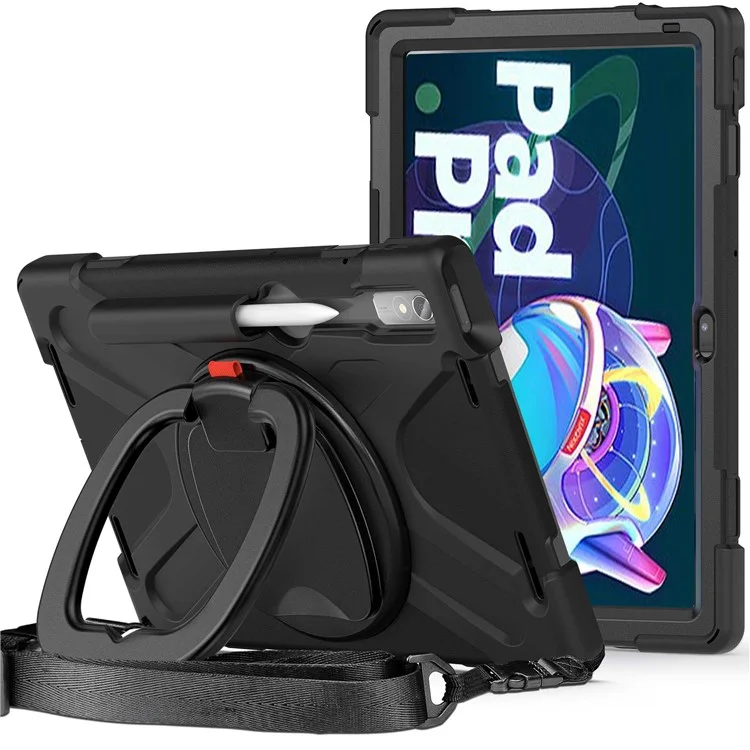 Защитный чехол для Lenovo Pad Pro 2022 TB138FC / TB132FU с подставкой, противоударный чехол из силикона и ПК с плечевым ремнем - черный