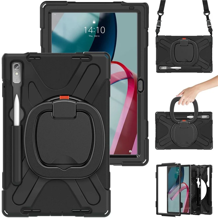 Защитный чехол для Lenovo Pad Pro 2022 TB138FC / TB132FU с подставкой, противоударный чехол из силикона и ПК с плечевым ремнем - черный