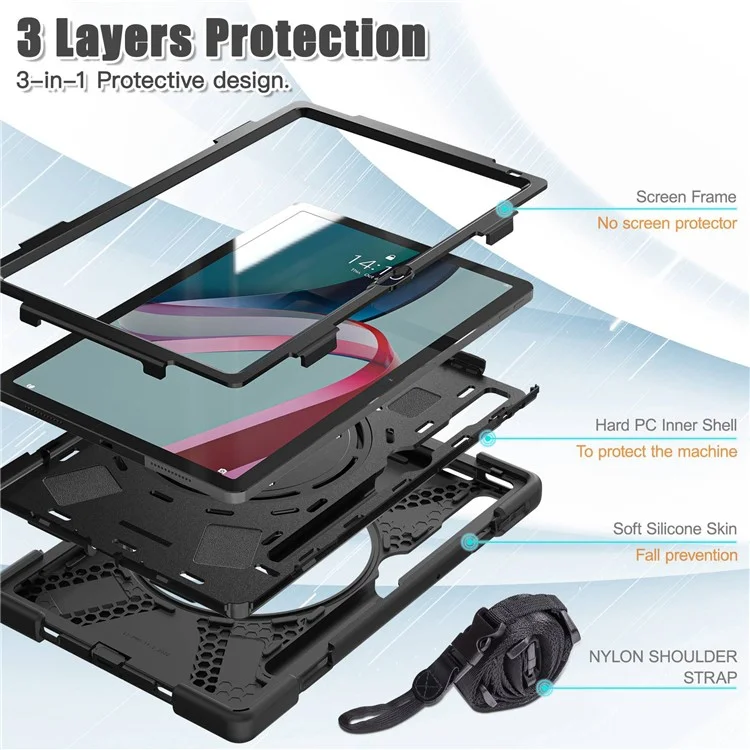 Защитный чехол для Lenovo Pad Pro 2022 TB138FC / TB132FU с подставкой, противоударный чехол из силикона и ПК с плечевым ремнем - черный