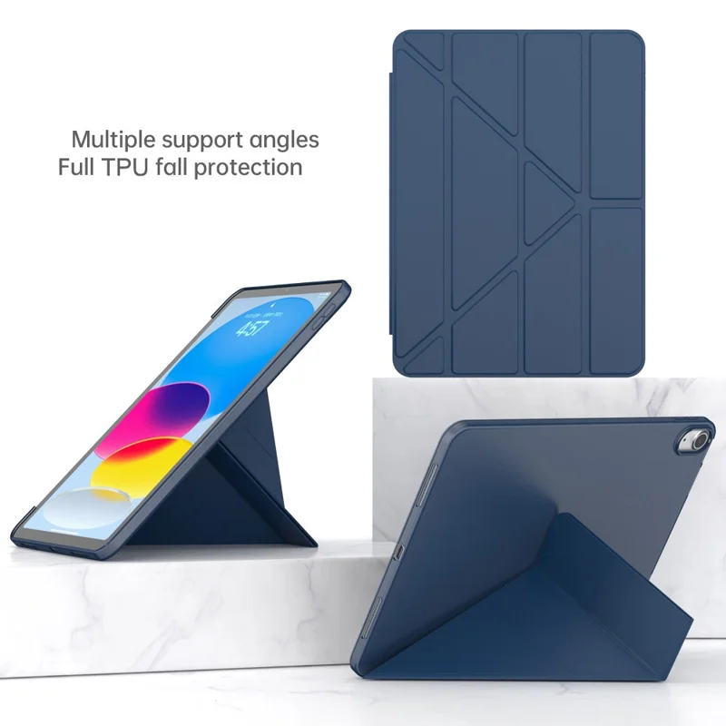 Para Ipad 10.9 (2022) Origami Stand PU Leather + TPU Case de Protección Tableta Propina de Gota - Azul Oscuro