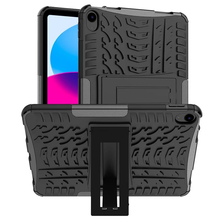 For iPad (2025) / iPad 10.9 (2022) Shockproof Tablet Case Tire Texture Kickstand Heavy Duty Armor Soft TPU Hard PC Protective Cover - Black