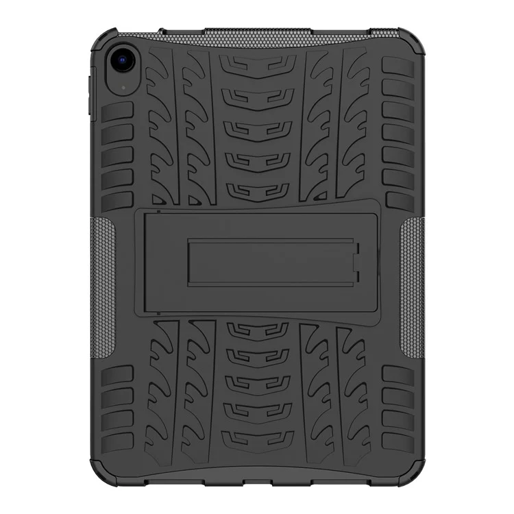 For iPad (2025) / iPad 10.9 (2022) Shockproof Tablet Case Tire Texture Kickstand Heavy Duty Armor Soft TPU Hard PC Protective Cover - Black