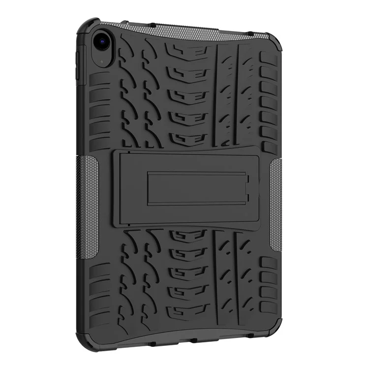 For iPad (2025) / iPad 10.9 (2022) Shockproof Tablet Case Tire Texture Kickstand Heavy Duty Armor Soft TPU Hard PC Protective Cover - Black