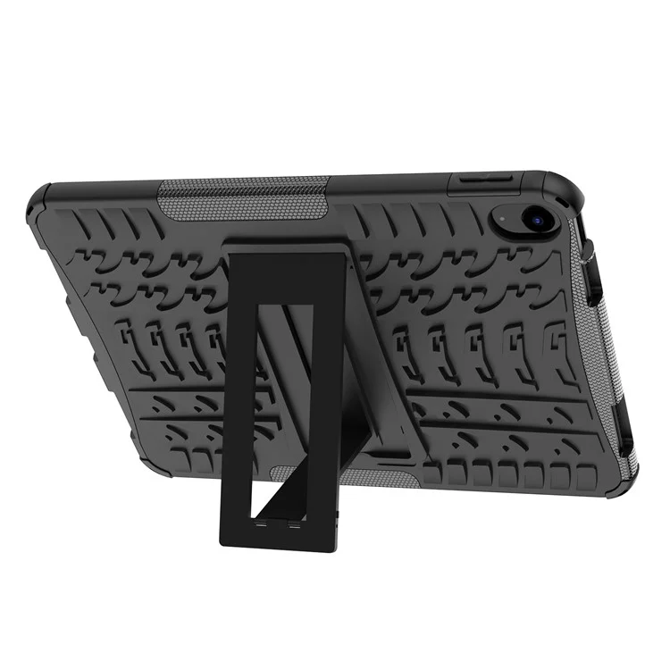 For iPad (2025) / iPad 10.9 (2022) Shockproof Tablet Case Tire Texture Kickstand Heavy Duty Armor Soft TPU Hard PC Protective Cover - Black