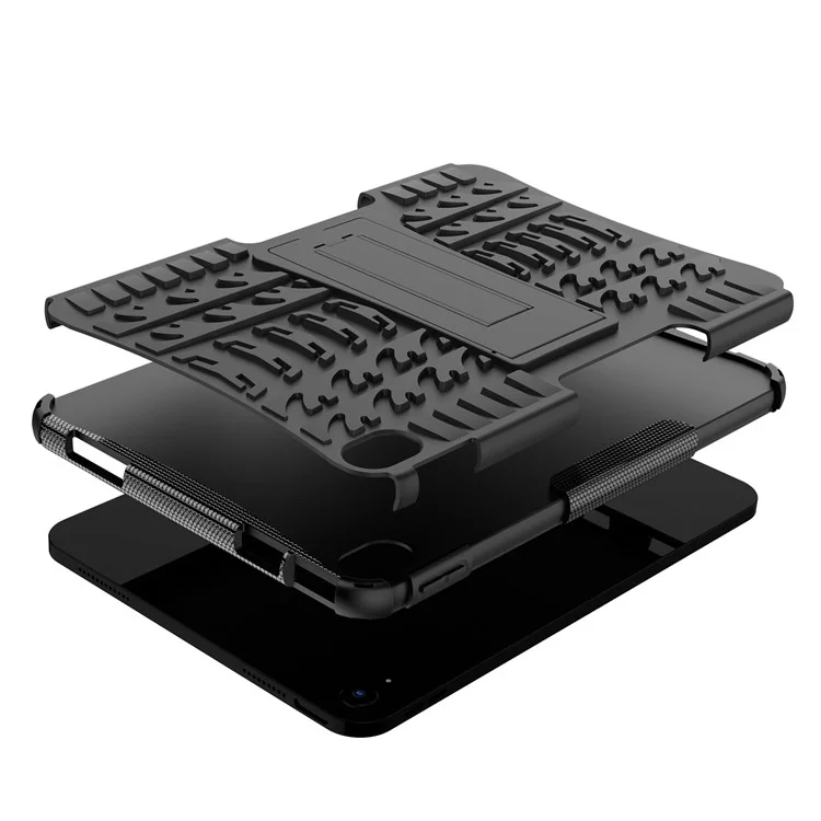 For iPad (2025) / iPad 10.9 (2022) Shockproof Tablet Case Tire Texture Kickstand Heavy Duty Armor Soft TPU Hard PC Protective Cover - Black