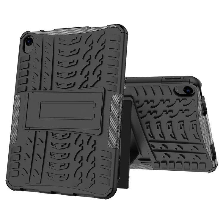 For iPad (2025) / iPad 10.9 (2022) Shockproof Tablet Case Tire Texture Kickstand Heavy Duty Armor Soft TPU Hard PC Protective Cover - Black