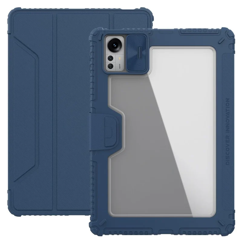 NILLKIN Bumper Leather Case Pro for Xiaomi Pad 5 Pro 12.4 (2022) Protective Case PU Leather Auto Wake / Sleep Tablet Case with Slide Camera Cover / Trifold Stand - Blue