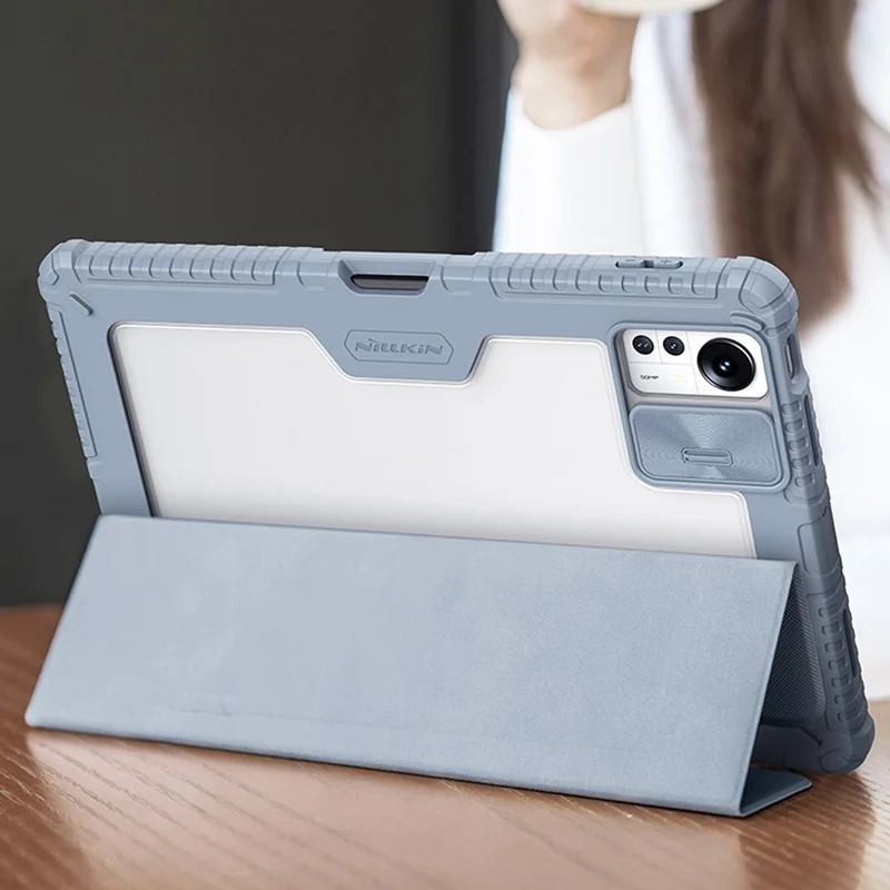 NILLKIN Bumper Leather Case Pro for Xiaomi Pad 5 Pro 12.4 (2022) Protective Case PU Leather Auto Wake / Sleep Tablet Case with Slide Camera Cover / Trifold Stand - Blue