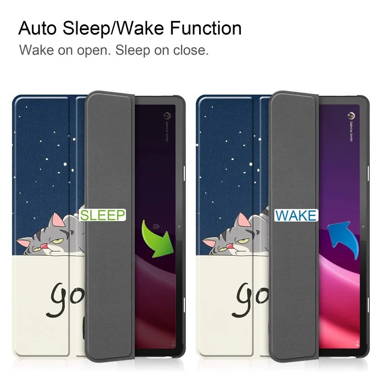 Per Lenovo Tab P11 Gen 2 Tri-fold Stand PU Leather Anti-drop Cover Pattern Printing Auto Wake / Sleep Tablet Protective Case - Cat