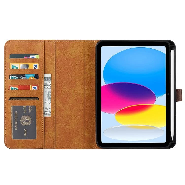 For iPad (2025) / 10.9 (2022) Outer Card Slot Design PU Leather Tablet Case Magnetic Clasp Wallet Stand Anti-Scratch Cover with Pen Slot - Brown