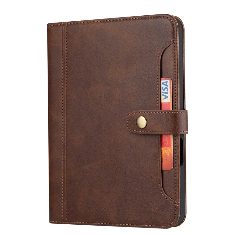 For iPad (2025) / 10.9 (2022) Outer Card Slot Design PU Leather Tablet Case Magnetic Clasp Wallet Stand Anti-Scratch Cover with Pen Slot - Brown