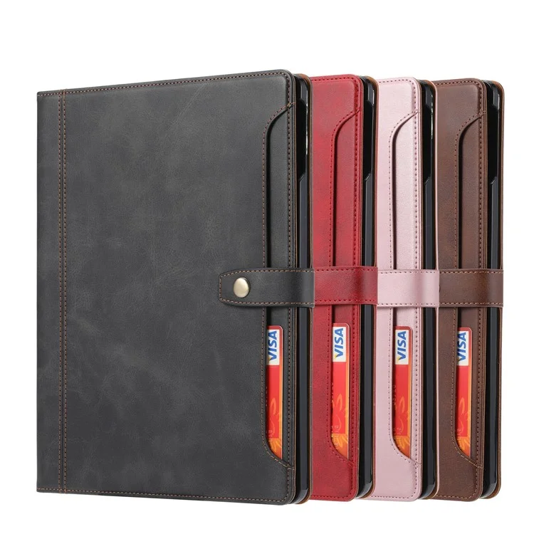 For iPad (2025) / 10.9 (2022) Outer Card Slot Design PU Leather Tablet Case Magnetic Clasp Wallet Stand Anti-Scratch Cover with Pen Slot - Brown