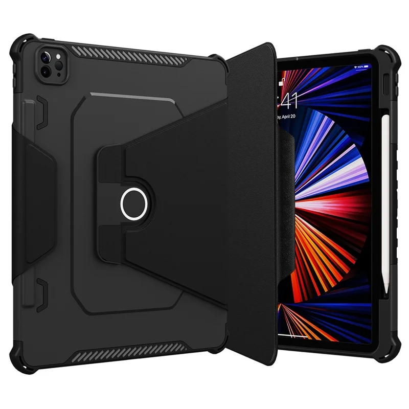 For iPad Pro 12.9 (2022) / (2021) / (2020) 360-Degree Rotation Armor Leather Tablet Cover Auto Wake / Sleep Anti-drop Anti-scratch Stand Case - Black