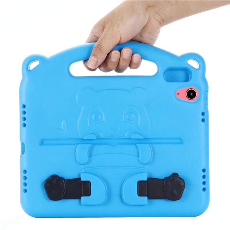 For iPad (2025) / 10.9 (2022) Cartoon Panda EVA Tablet Case Kickstand Hand Grip Shock-Absorbing Protective Cover - Blue