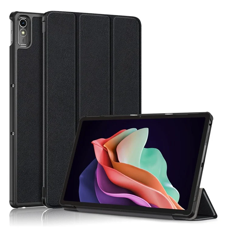 Para Lenovo Tab P11 Gen 2 Color Sólida PU PU Caetro Combate Tri-fold Stand Austra Automal / Tampa Inteligente do Sono - Preto