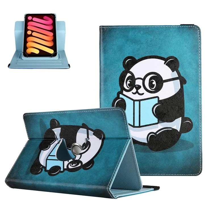 Pattern Printing Case for 10-inch Tablet, Rotating PU Leather Card Holder Elastic Band Stand Universal Tablet Cover - Panda Reading