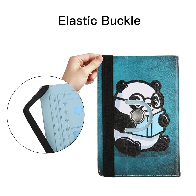 Pattern Printing Case for 10-inch Tablet, Rotating PU Leather Card Holder Elastic Band Stand Universal Tablet Cover - Panda Reading