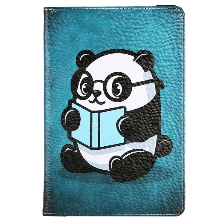 Pattern Printing Case for 10-inch Tablet, Rotating PU Leather Card Holder Elastic Band Stand Universal Tablet Cover - Panda Reading