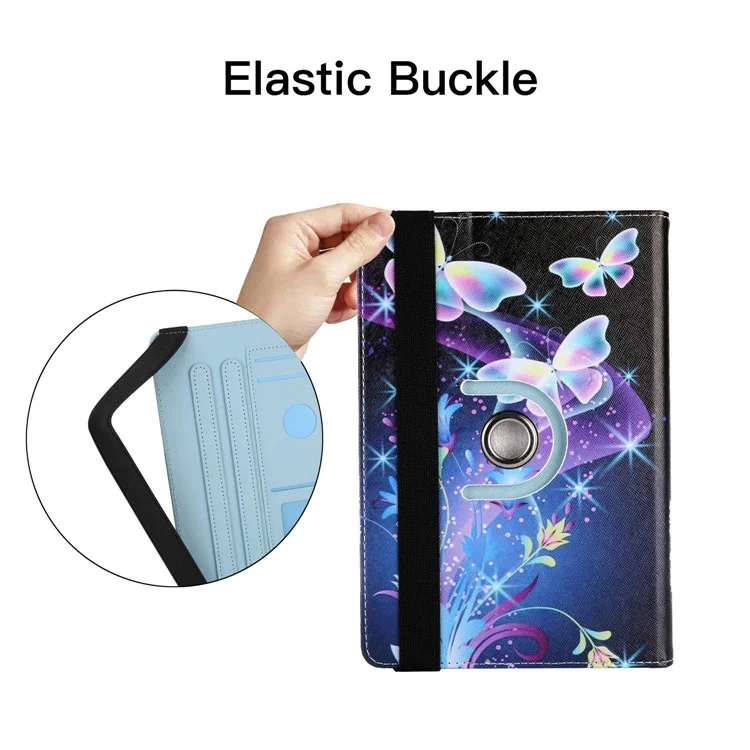 360-Degree Rotating Case for 7-inch Tablet, Pattern Printing PU Leather Stand Elastic Band Protective Cover with Card Holder - Blue Butterflies