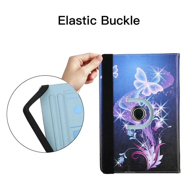 360-Degree Rotating Case for 7-inch Tablet, Pattern Printing PU Leather Stand Elastic Band Protective Cover with Card Holder - Flying Butterflies