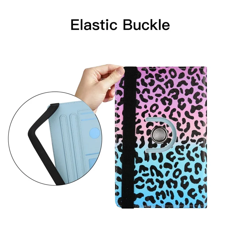 Rotating PU Leather Cover for 8-inch Tablet, Pattern Printing Elastic Band Folio Stand Protective Case with Card Slots - Leopard Print